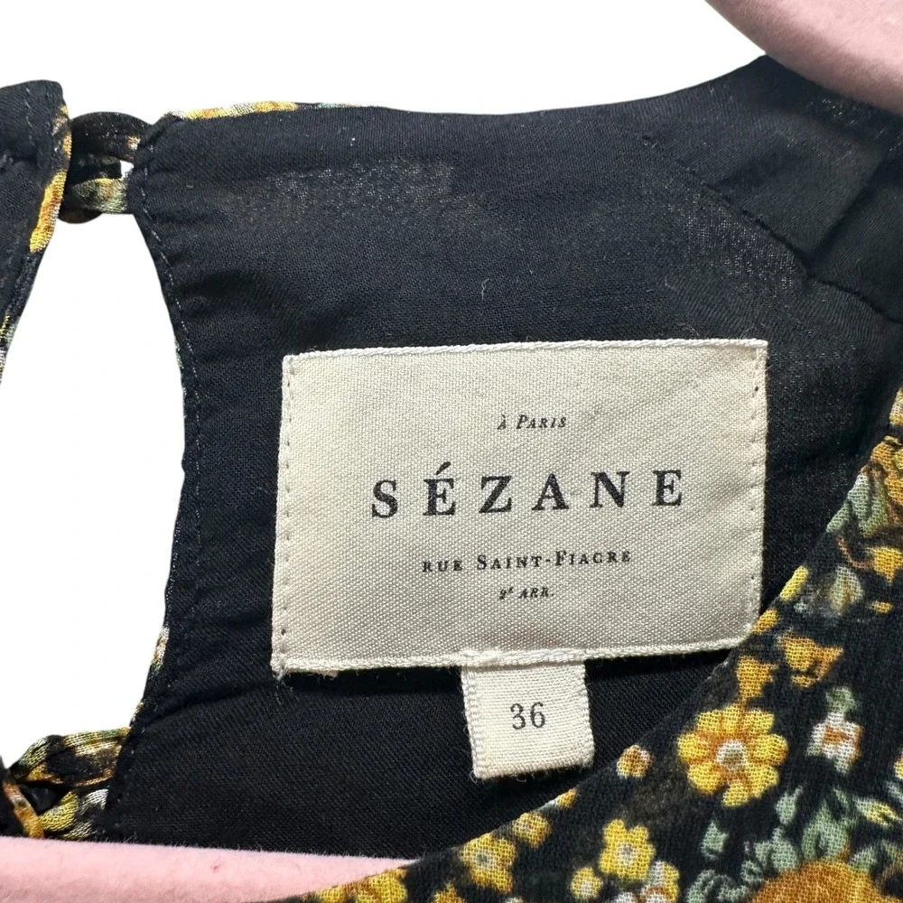 Sezane Margot Floral Mini Dress Black Yellow Puff Sleeve Ruffle Hem Size 36